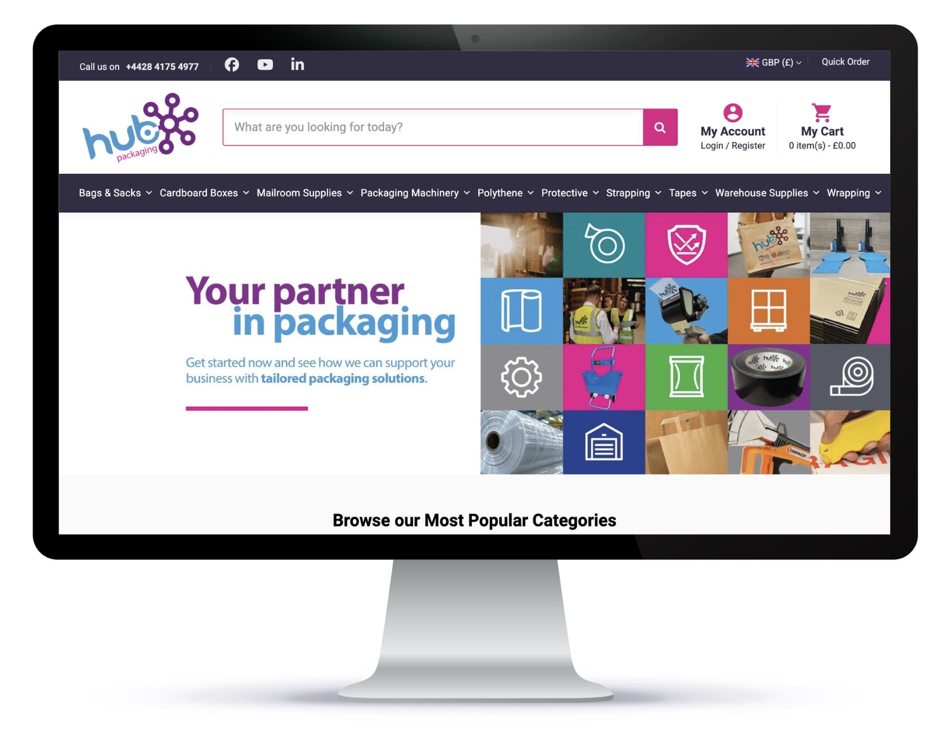 Hub Packaging homepage shown on a desktop monitor, featuring the “Your partner in packaging” banner, product-category navigation, search bar, account and basket links.